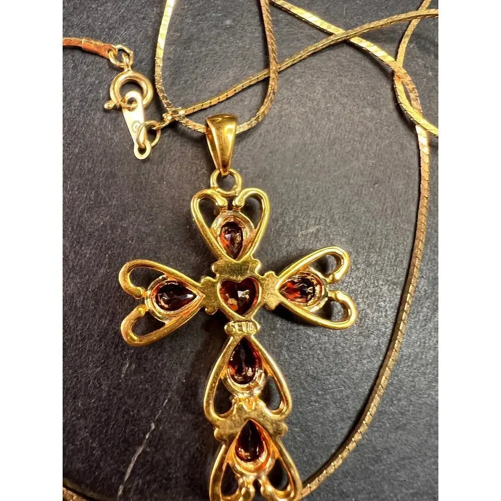 Vintage SETA Garnet Cross Pendant Necklace Gold Tone 24” - Picture 6 of 13